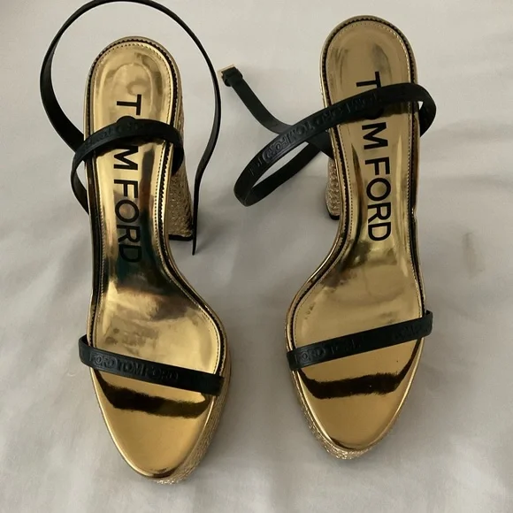 Tom Ford Gold and Black Strappy Heels size 38.5 - Picture 1 of 12